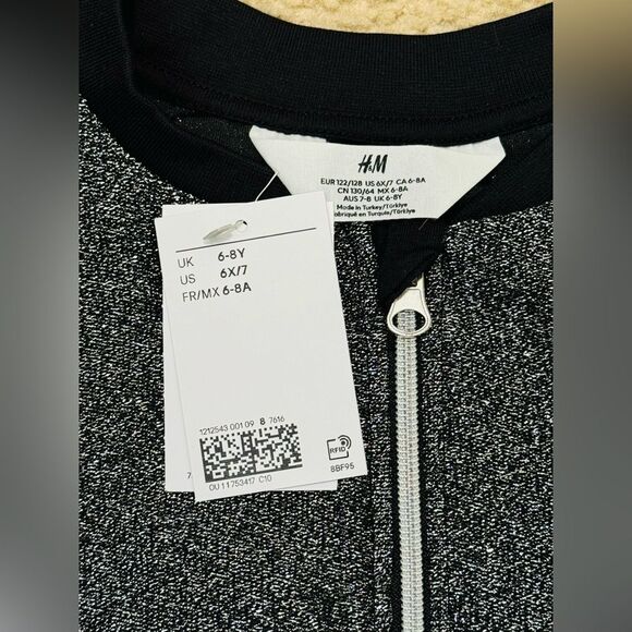 NWT H&M Silver Black Glittery Zippered Cardigan/Bomber Jacked Girl’s Sz 6X/7 - Picture 4 of 5